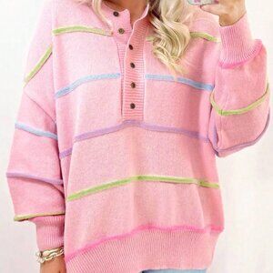 Pink Casual Women's Rainbow Striped Off-Shoulder Loose Pullover Sweater